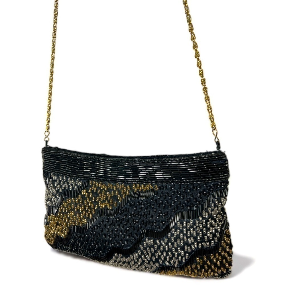 La Regale LTD Vintage Black Gold Clear Beaded Formal Bohemian Gold Accent Purse